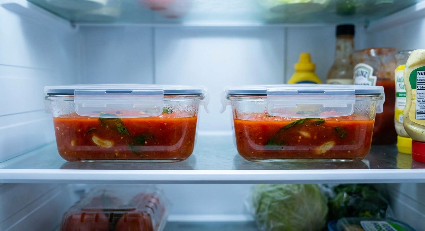 Two glass meal prep containers filled with red tomato sauce on a refrigerator shelf with simple kitchen lighting