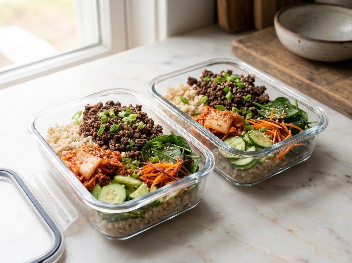 Two glass meal prep containers filled with rice and Korean-style ground beef, topped with green onions, on a clean kitchen counter