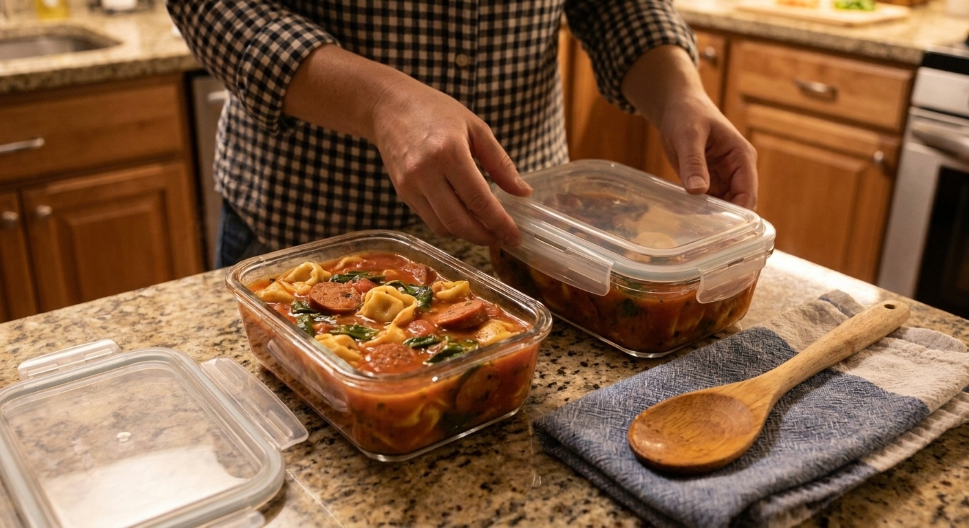 Two glass meal prep containers filled with sausage tortellini soup on a kitchen counter, one container with lid beside it, consistent warm indoor lighting