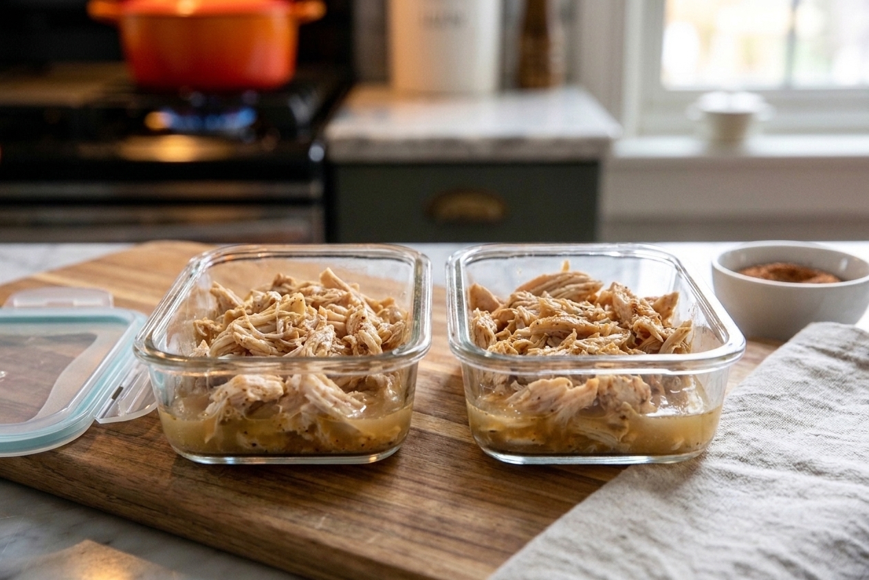 Two glass meal prep containers filled with shredded chicken and a little broth, lids nearby on a clean kitchen counter