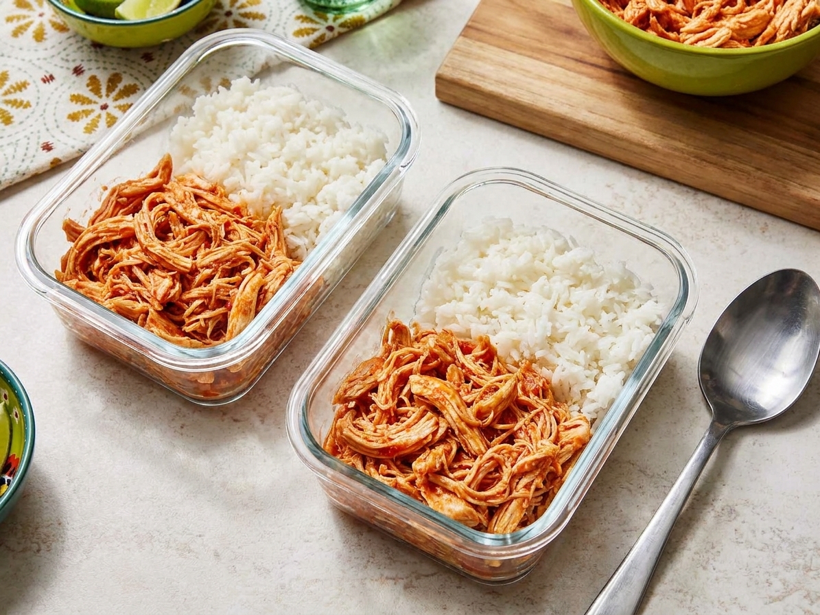 Two glass meal prep containers filled with shredded salsa chicken and rice, set on a kitchen counter beside a spoon