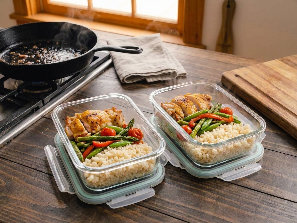 Two glass meal prep containers filled with sliced lemon garlic chicken, sautéed vegetables, and cauliflower rice on a kitchen counter