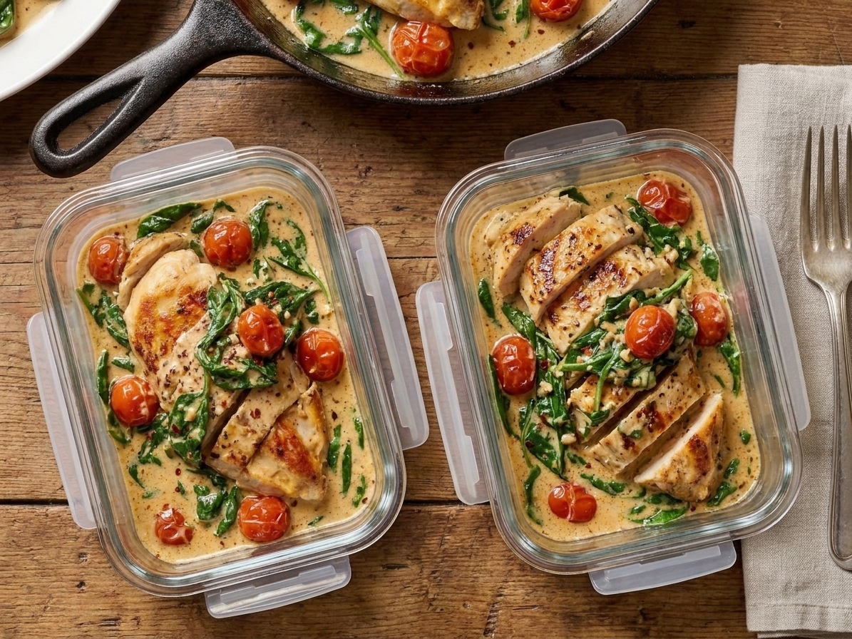Two glass meal prep containers filled with sliced Tuscan chicken and creamy spinach tomato sauce on a kitchen counter