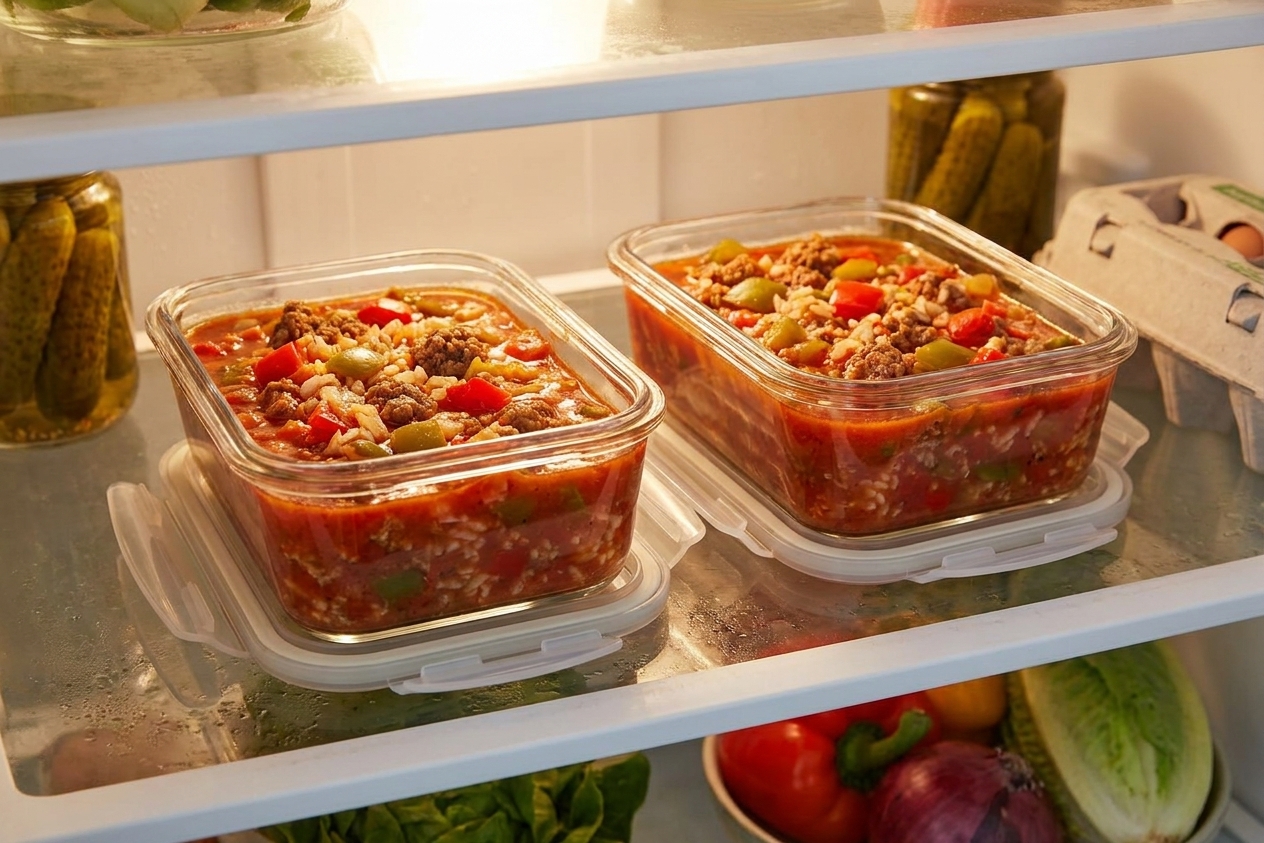 Two glass meal prep containers filled with stuffed pepper soup on a refrigerator shelf, lids set beside them