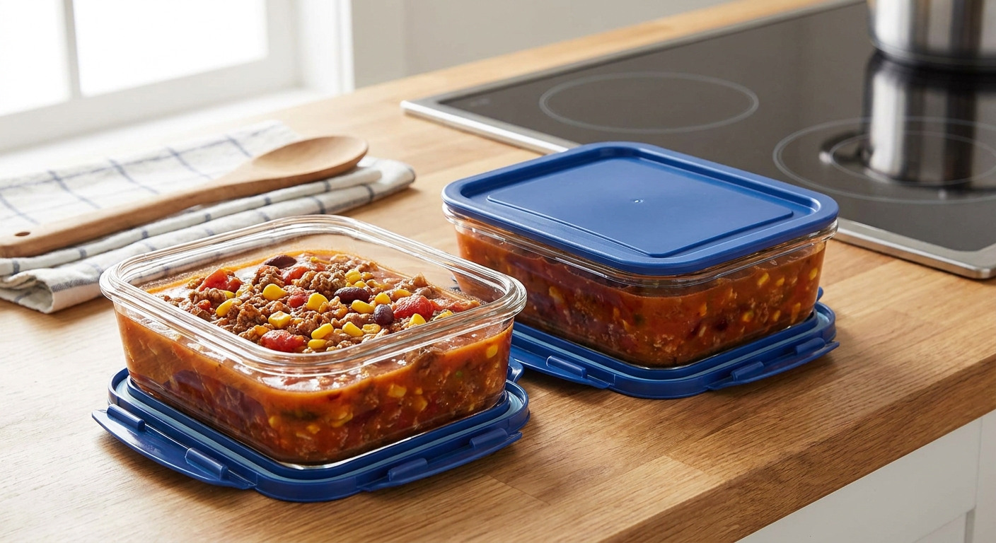 Two glass meal prep containers filled with taco soup and snapped-on lids sitting on a kitchen counter