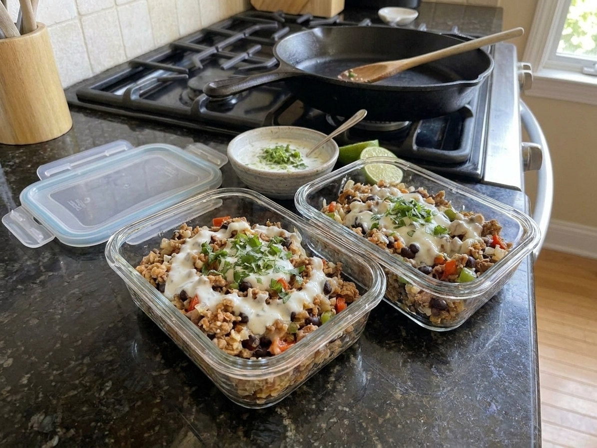 Two glass meal prep containers filled with turkey taco cauliflower rice mixture on a kitchen counter with lids nearby