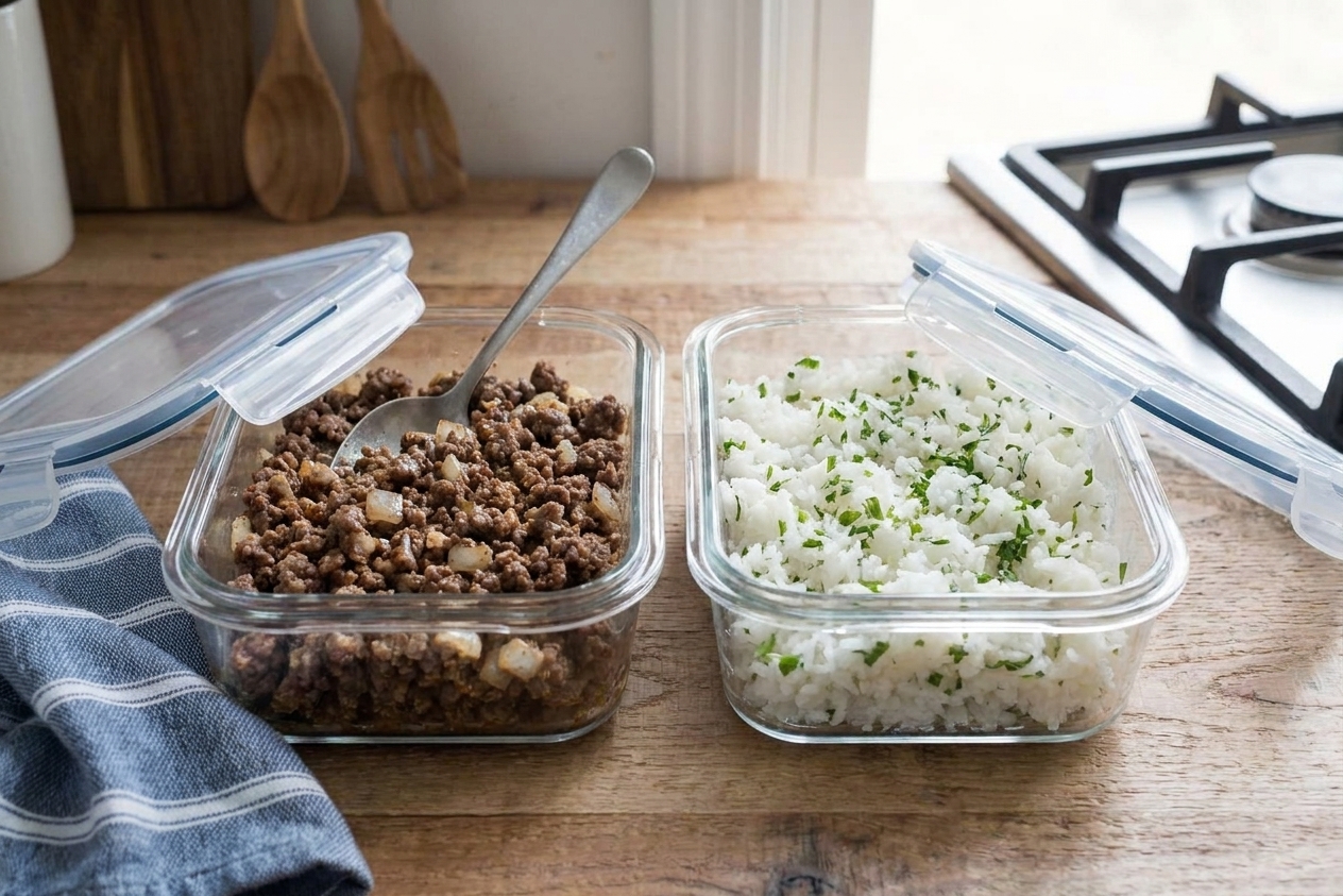 Two glass meal prep containers on a counter, one filled with cooked taco beef and the other filled with cooked white rice