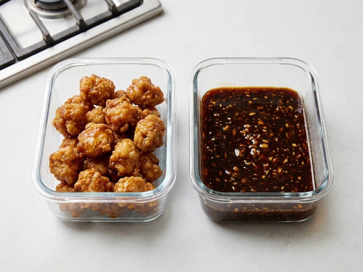 Two glass meal prep containers on a counter, one holding crispy fried chicken pieces and the other holding dark General Tso sauce, ready to store separately