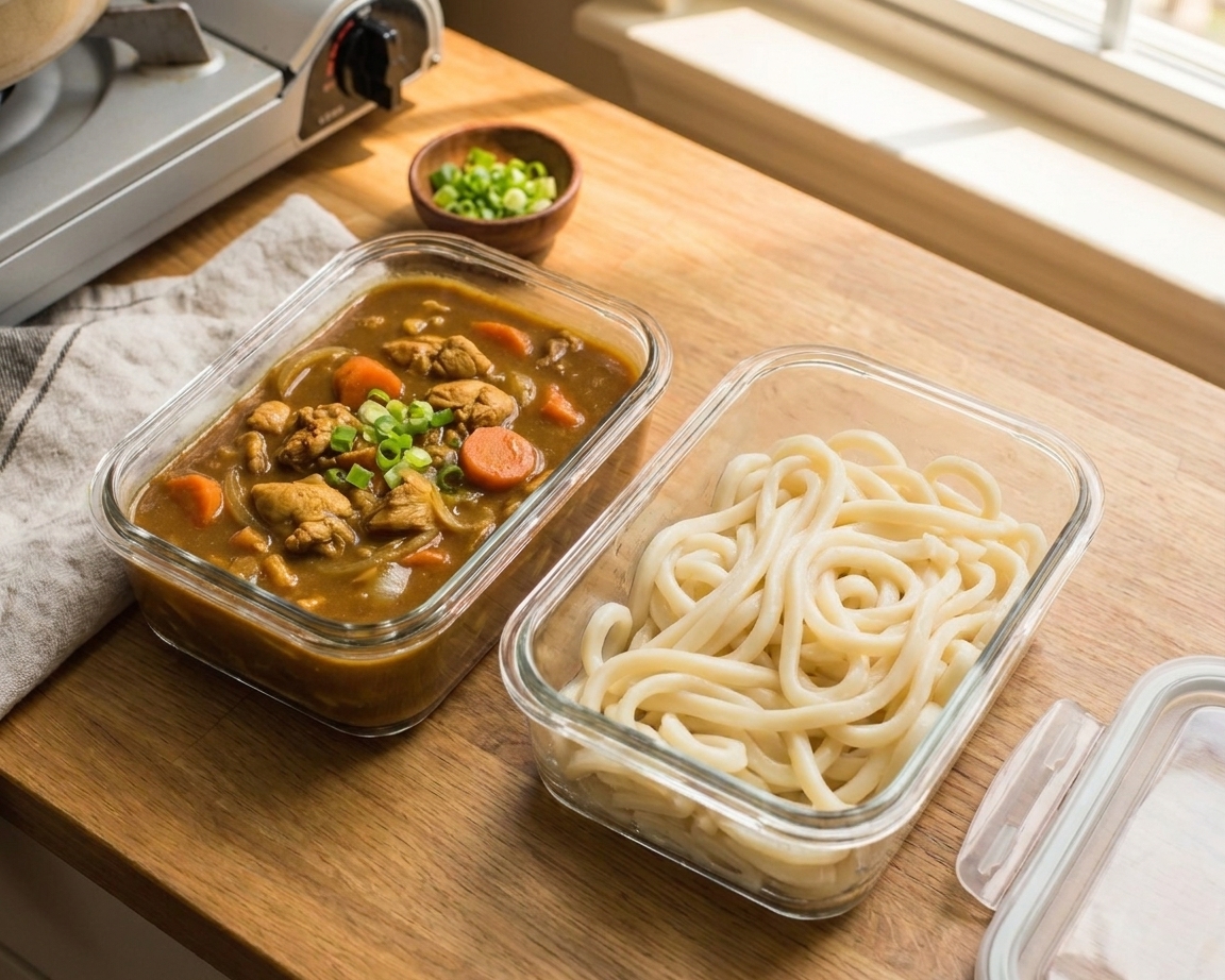 Two glass meal prep containers on a kitchen counter, one with curry broth and chicken and vegetables, the other with cooked udon noodles