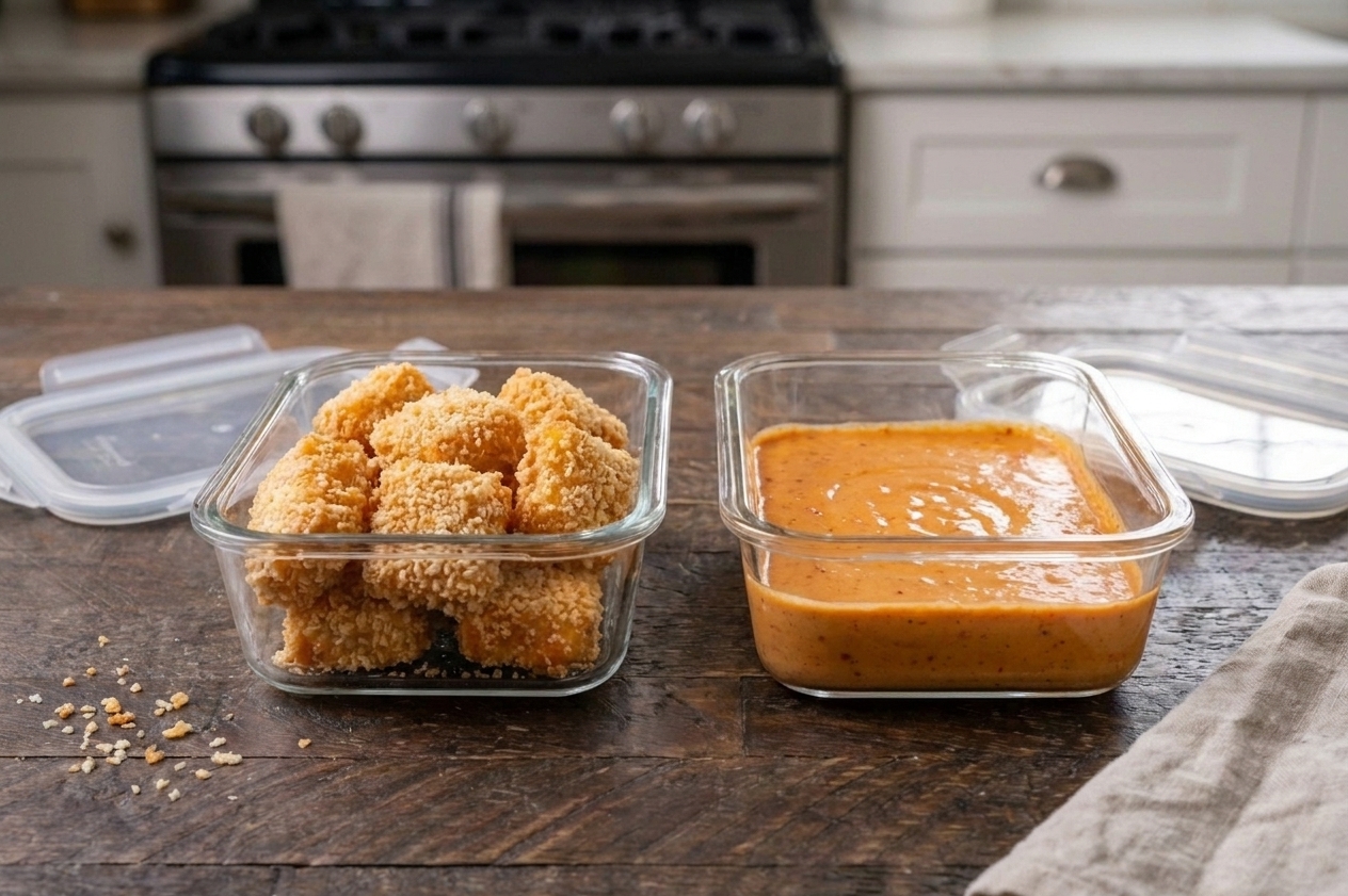 Two glass meal prep containers on a kitchen counter, one holding crispy chicken pieces and the other holding creamy bang bang sauce