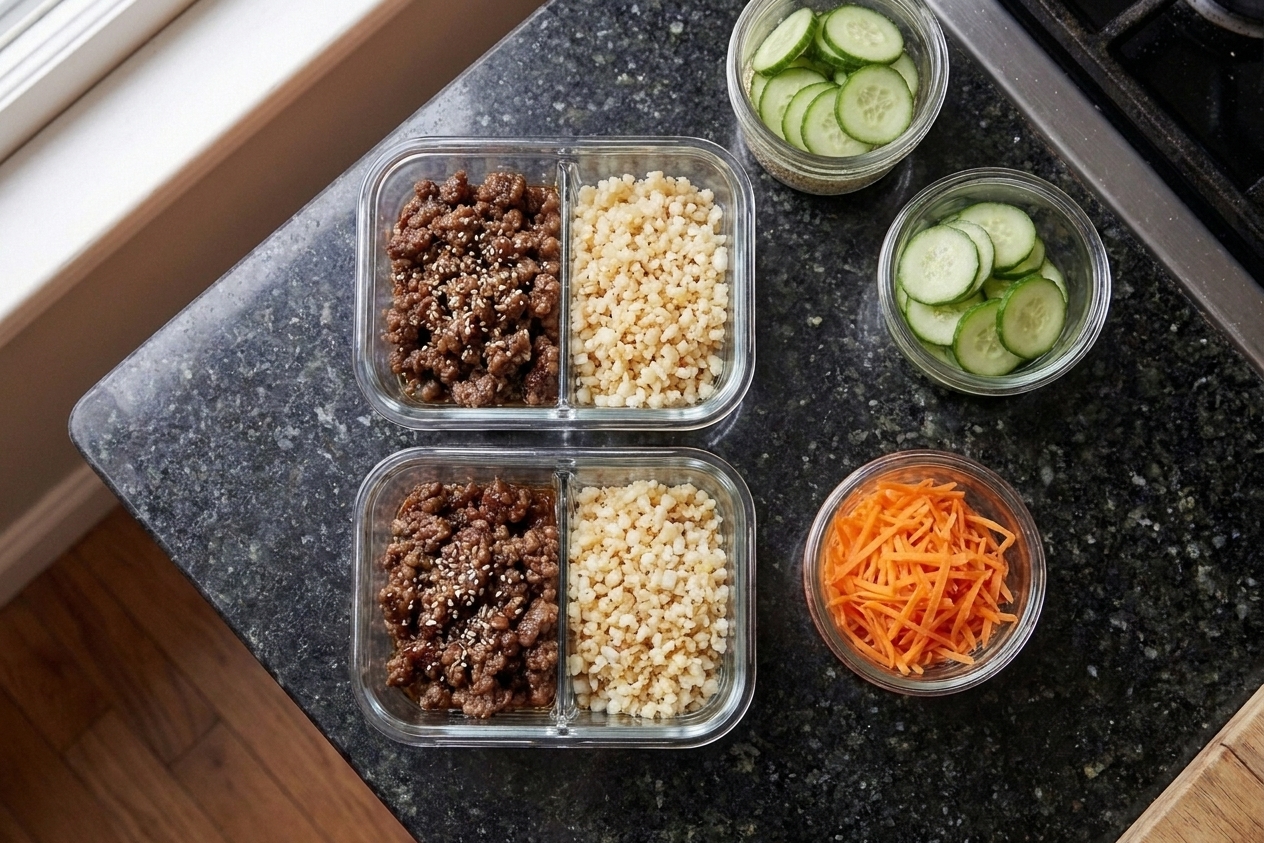 Two glass meal prep containers on a kitchen counter filled with cooked saucy ground beef and cauliflower rice, with small containers of sliced cucumber and shredded carrots beside them
