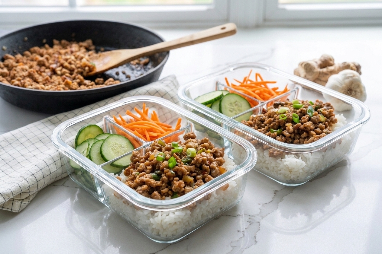 Two glass meal prep containers with rice and cooked minced meat, with separate compartments holding cucumber and shredded carrots