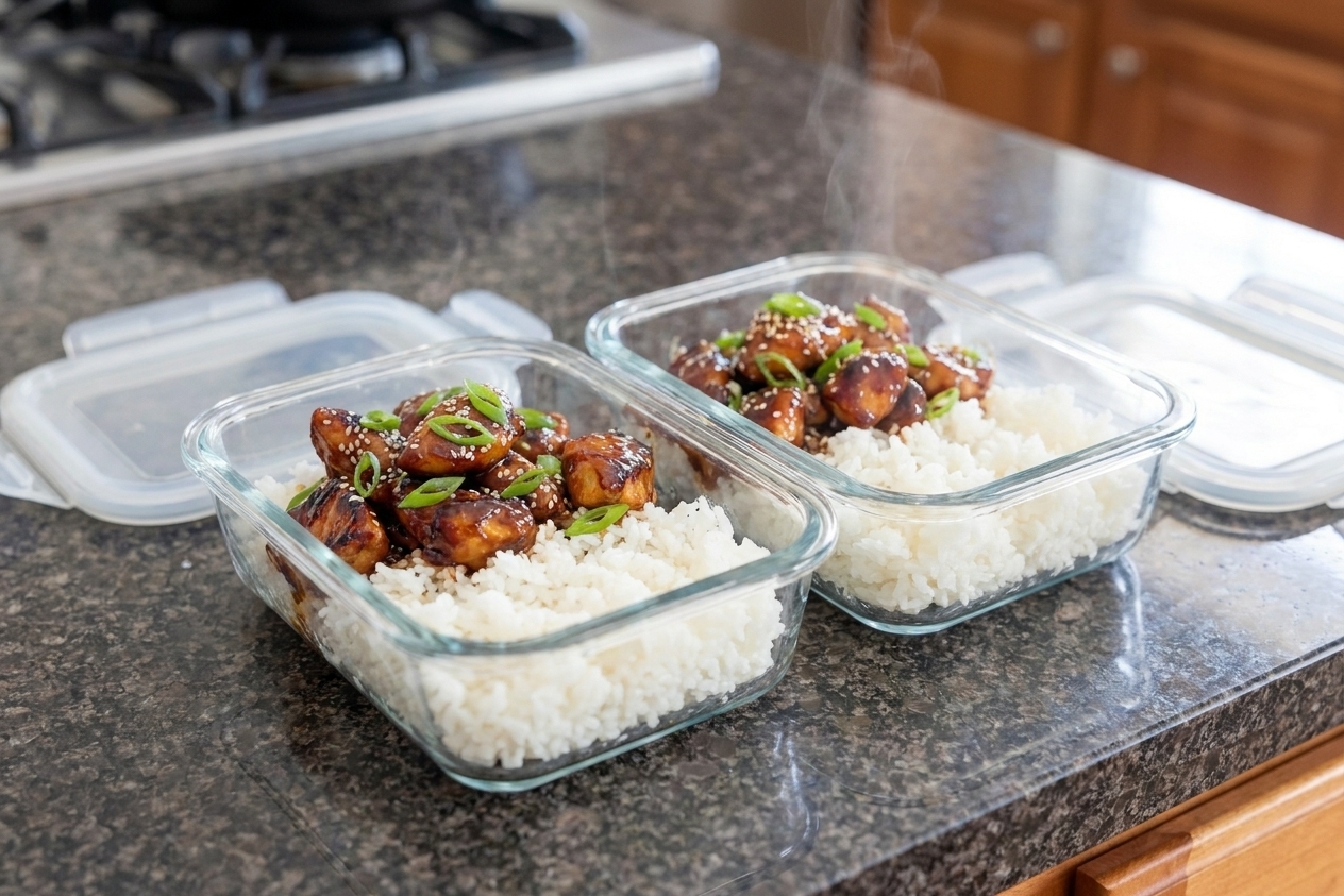 Two glass meal prep containers with sticky chicken and white rice, garnished with sliced green onions, sitting on a clean kitchen counter