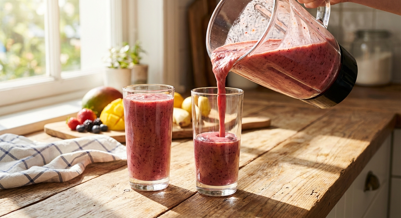 Two glasses being filled with a thick mixed fruit smoothie from a blender pitcher on a bright kitchen counter