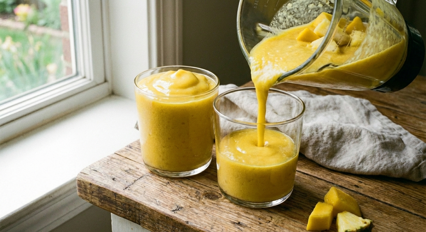 Two glasses being filled with thick mango pineapple smoothie from a blender pitcher on a wooden kitchen counter
