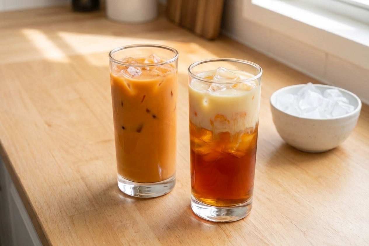 Two glasses of Thai iced tea on a simple kitchen table, one stirred creamy and one layered, with a small bowl of ice in the background
