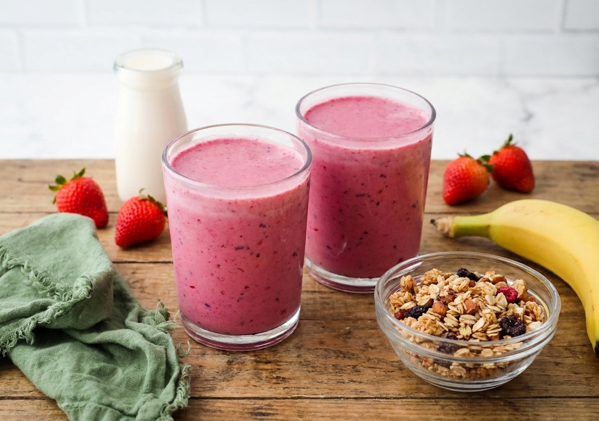 Two glasses of banana berry smoothie on a wooden table with a small bowl of granola nearby