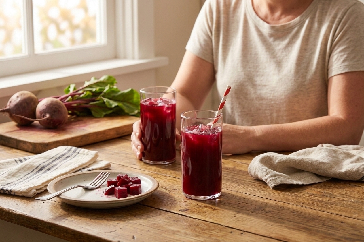 Two glasses of beet juice on a simple breakfast table setting with a small plate and cloth napkins in soft morning light