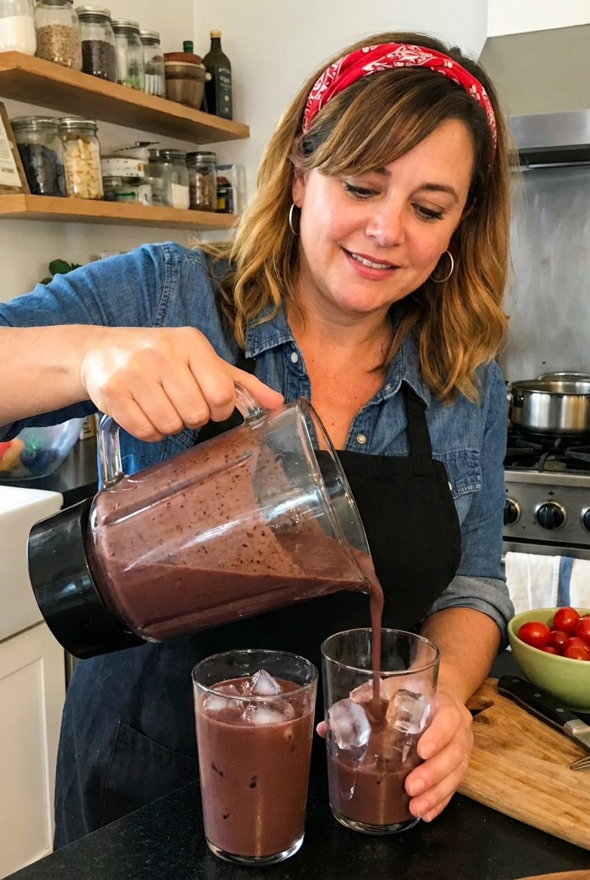 Two glasses of chocolate beet drink being poured from a blender into clear tumblers with ice