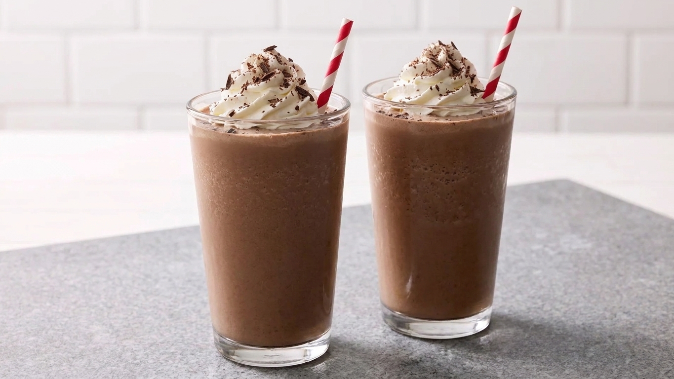 Two glasses of chocolate milkshake topped with whipped cream and chocolate shavings on a simple table setting