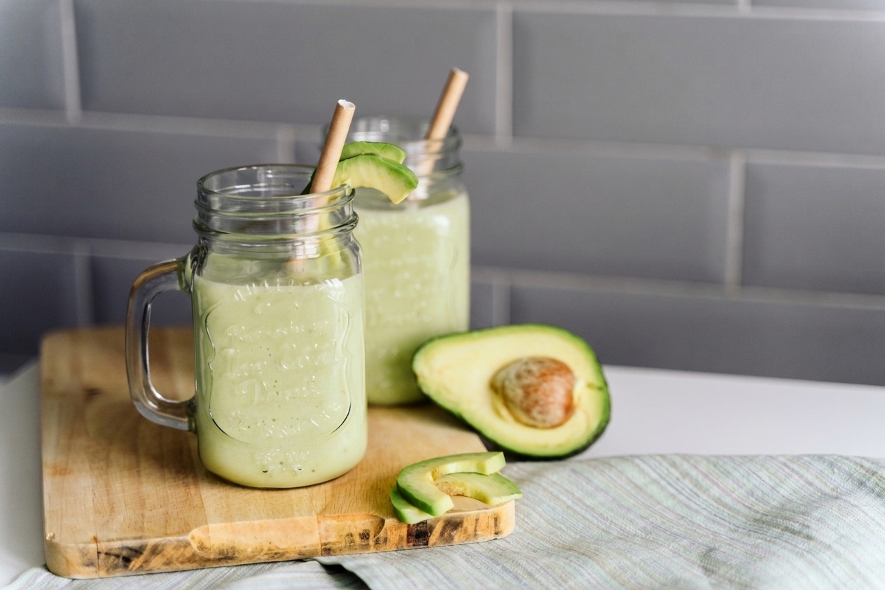 Two glasses of creamy pale green avocado smoothie on a simple wooden table setting with neutral napkins and soft daylight