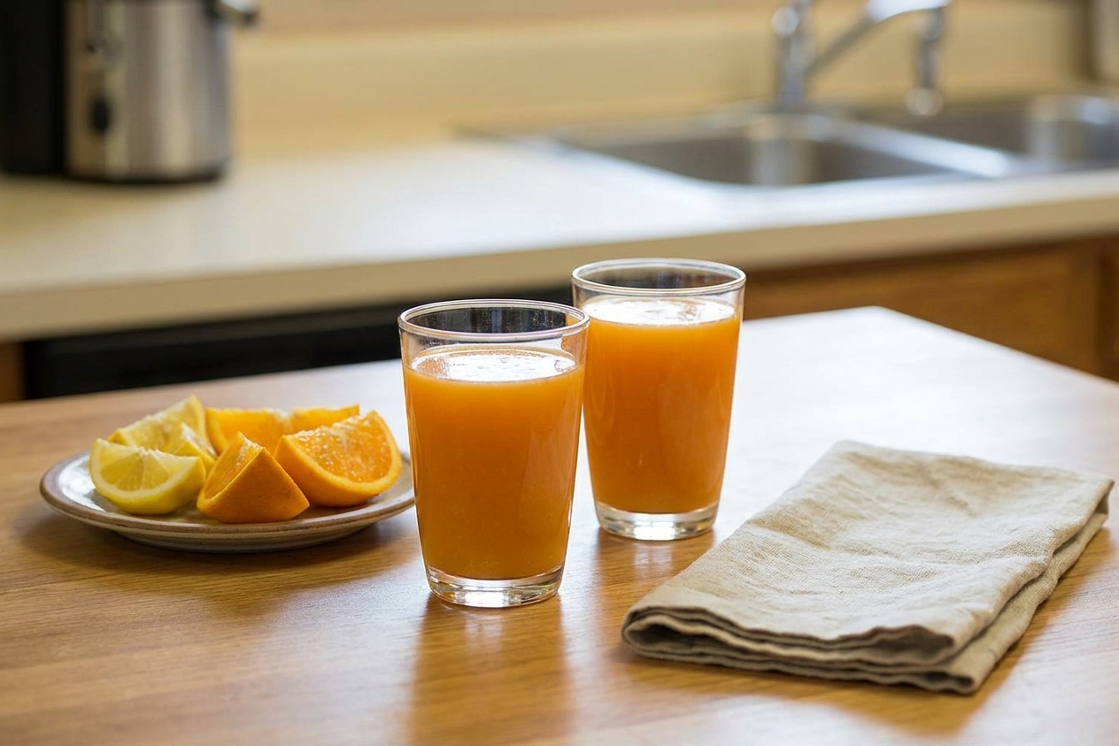 Two glasses of fresh juice on a simple kitchen table setting with a small plate of citrus wedges and a clean linen napkin