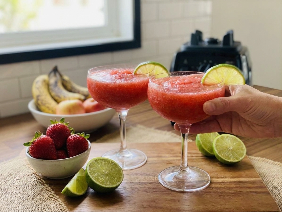 Two glasses of frosty strawberry daiquiri on a simple table setting with lime wedges and strawberries, soft natural light