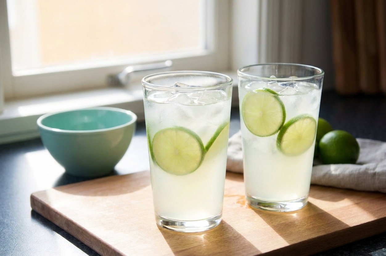 Two glasses of limeade filled with ice and lime wheels sitting on a casual table setting with sunlight