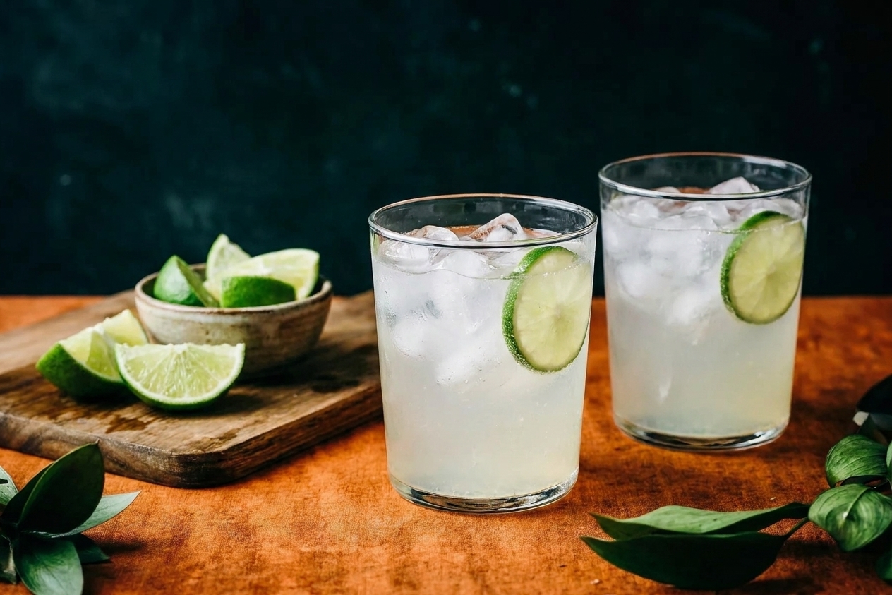 Two glasses of limeade filled with ice on a simple kitchen table setting, with lime wedges nearby