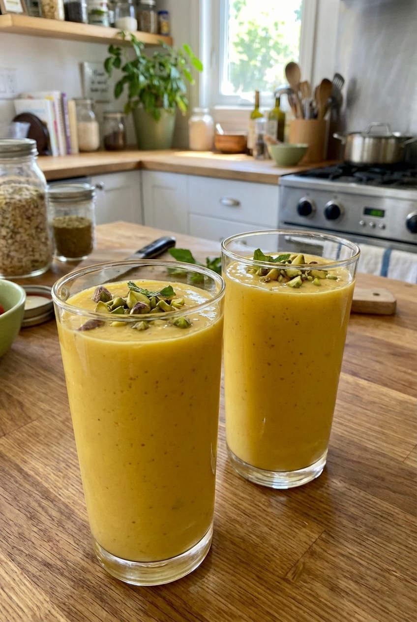 Two glasses of mango lassi on a kitchen counter with pistachios sprinkled on top