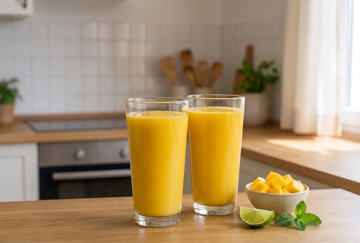 Two glasses of mango smoothie on a wooden table with a small bowl of mango cubes and a lime wedge nearby, cozy kitchen setting