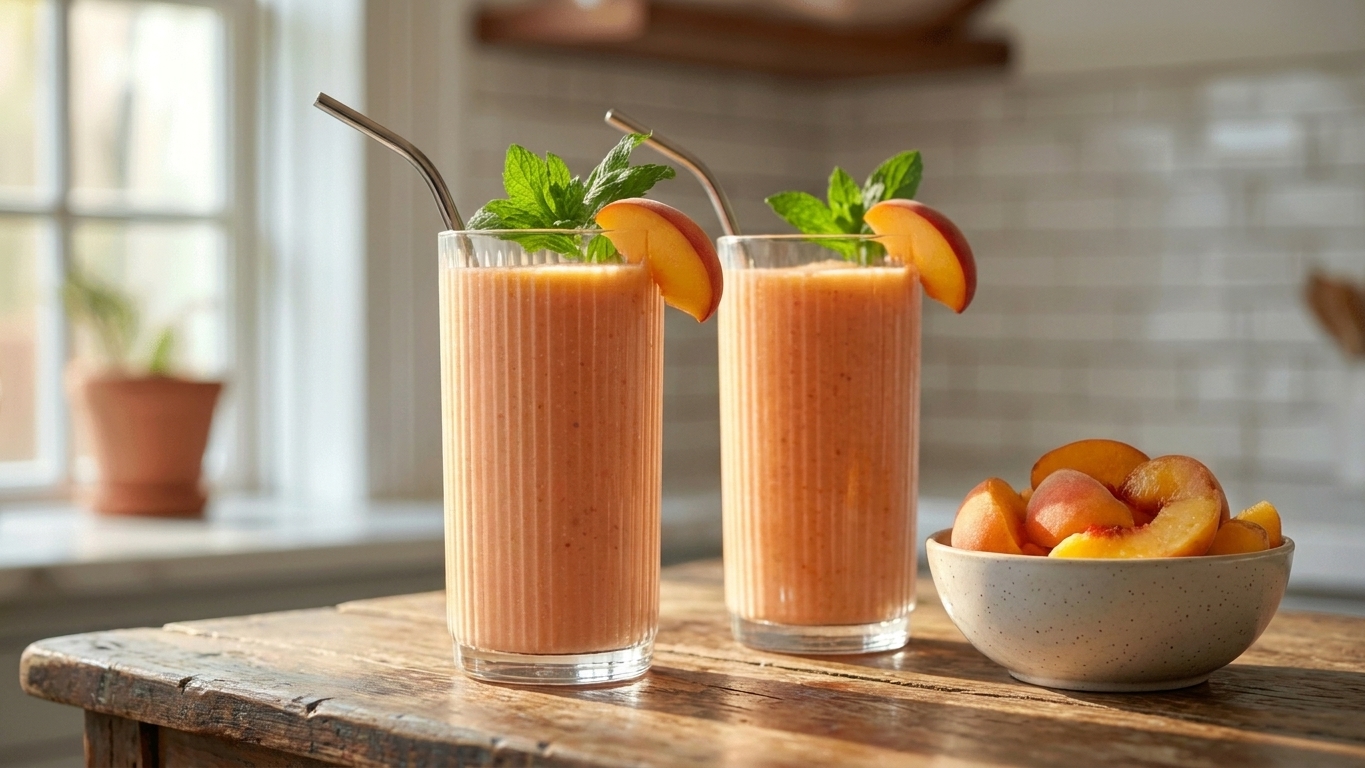 Two glasses of peach smoothie on a wooden table with a small bowl of sliced peaches nearby in warm natural light