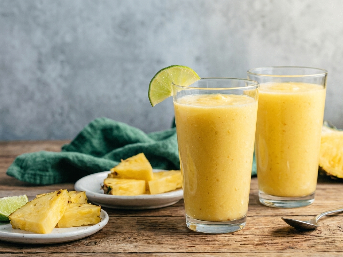Two glasses of pineapple smoothie on a wooden table with a lime wedge and pineapple chunks nearby, casual breakfast setting