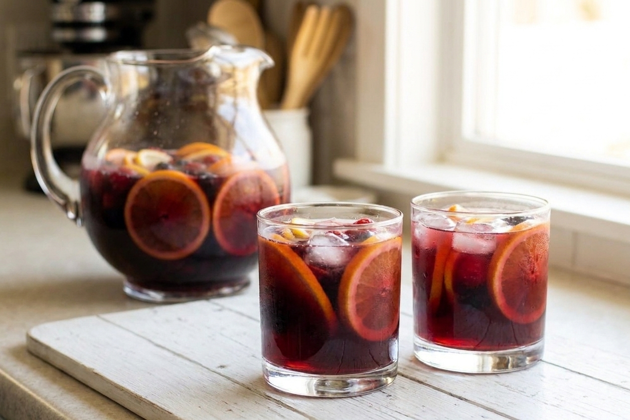 Two glasses of red sangria filled with ice and fruit slices with a pitcher in the background, warm natural light