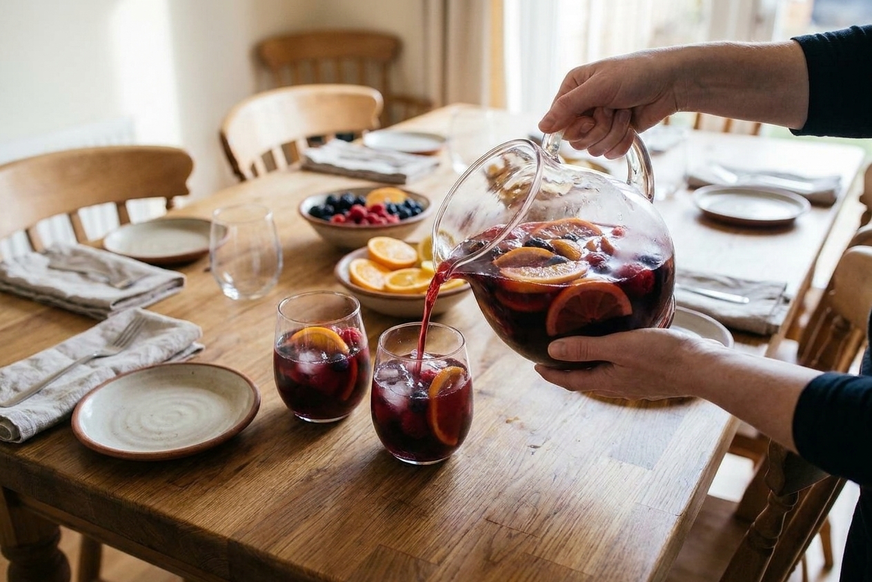 Two glasses of red sangria with ice and citrus slices being poured from a pitcher on a dining table set for a casual gathering