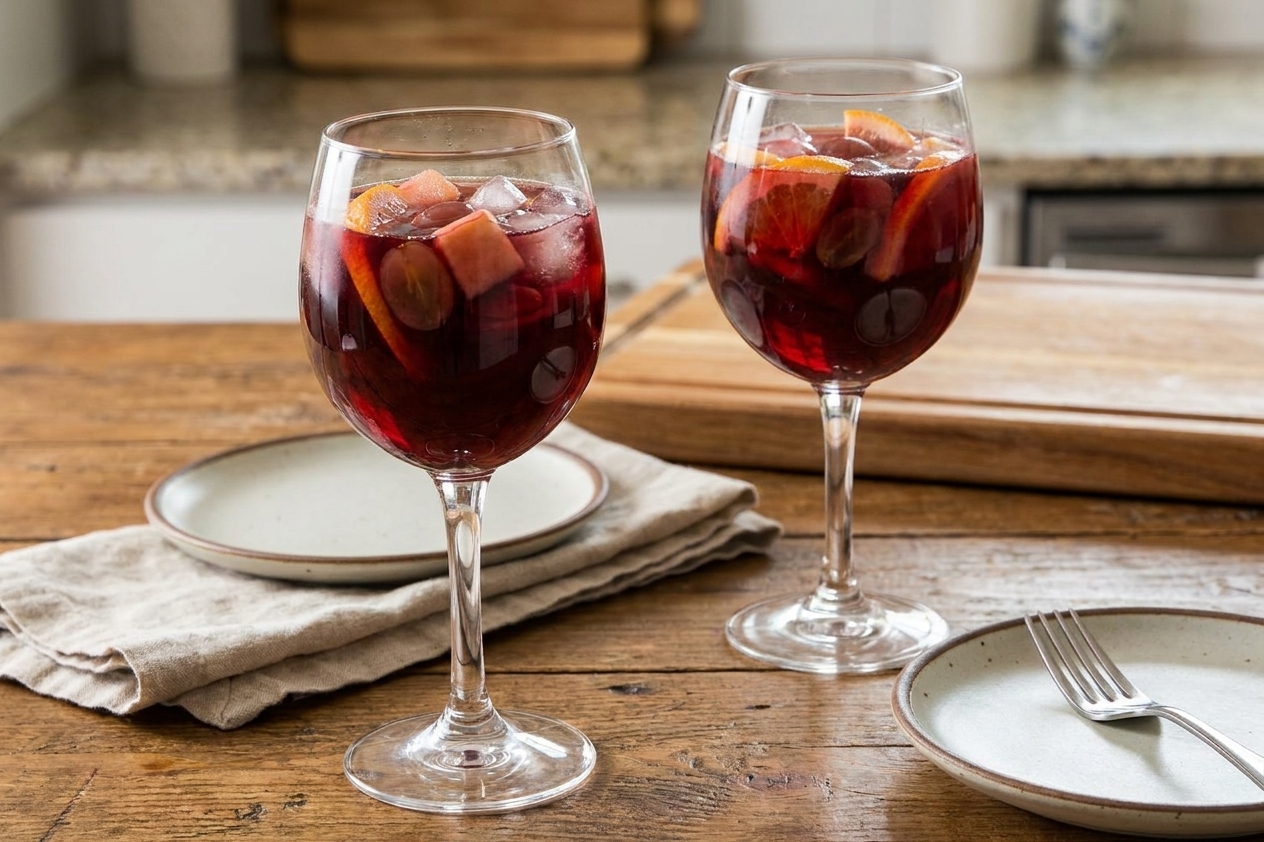 Two glasses of red sangria with ice and fruit garnishes on a simple table setting with small plates and a linen napkin