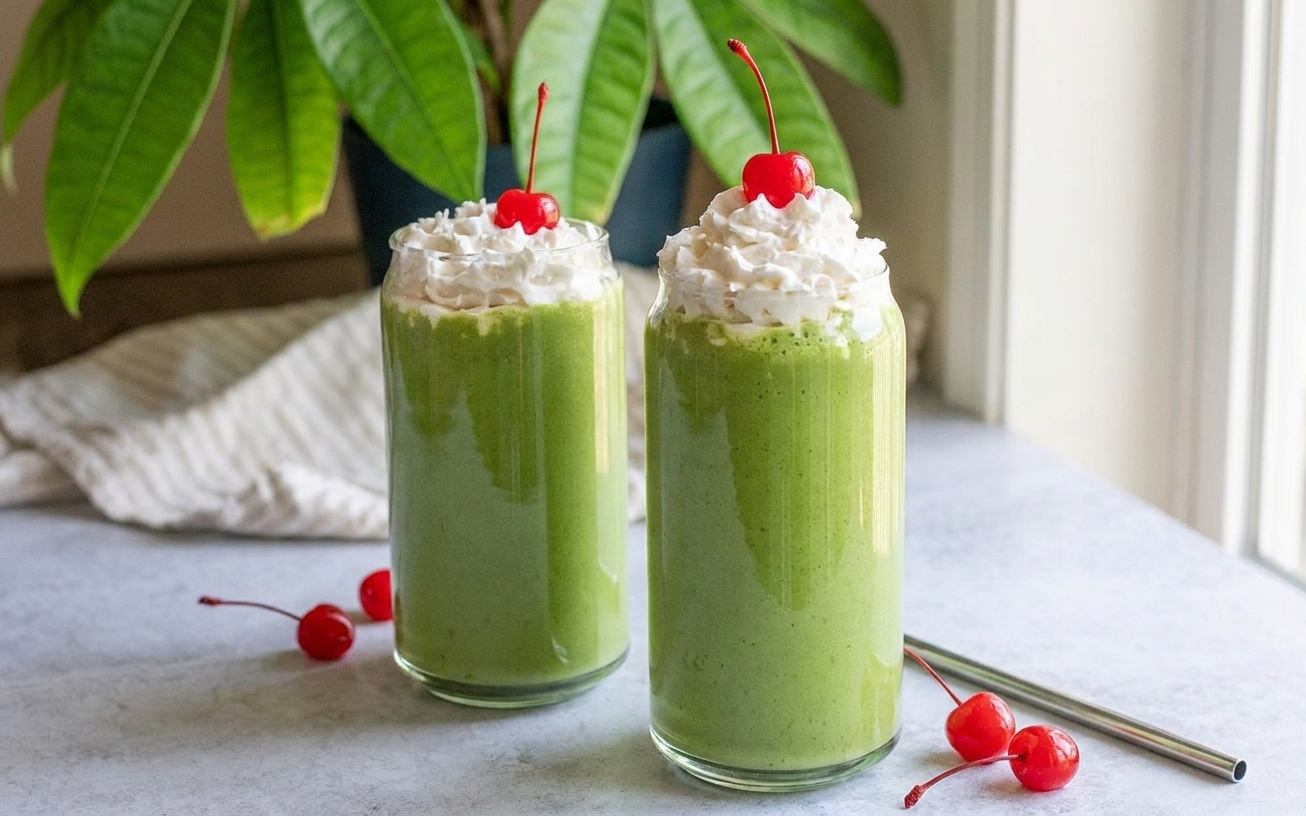 Two glasses of shamrock shake topped with whipped cream and a maraschino cherry on a kitchen table with soft daylight