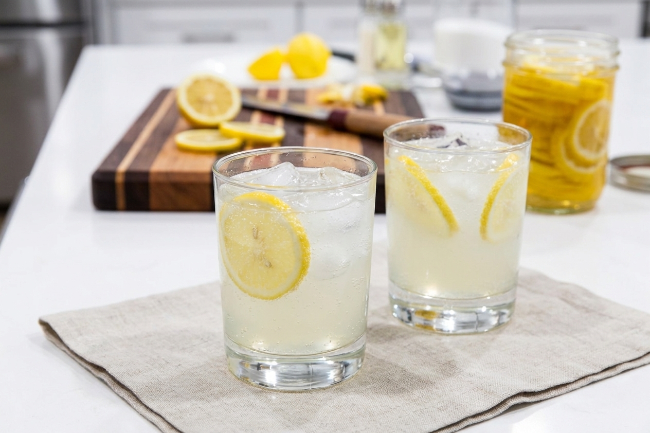 Two glasses of sparkling lemonade with ice and lemon slices on a simple dining table setting