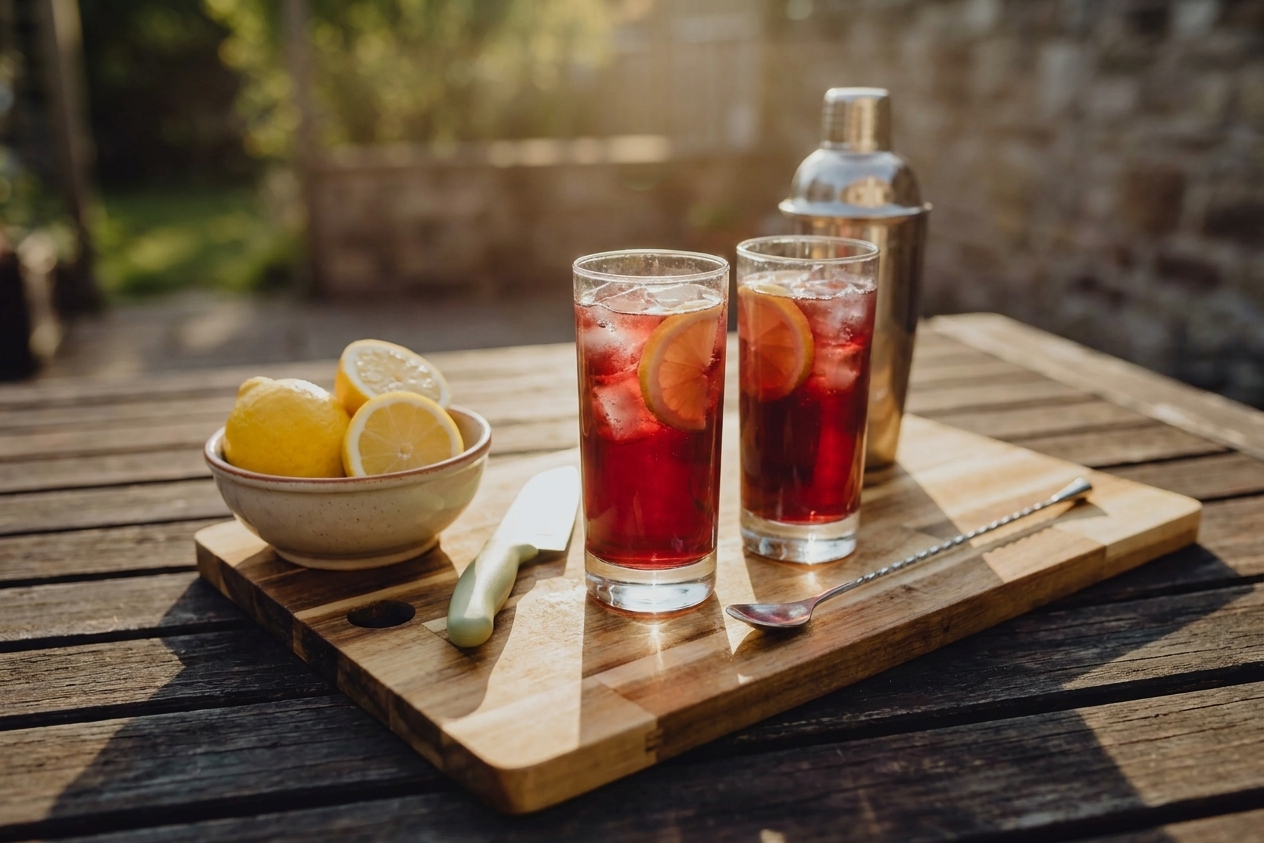 Two glasses of tinto de verano on a casual outdoor table setting with a small bowl of lemons and sunlight