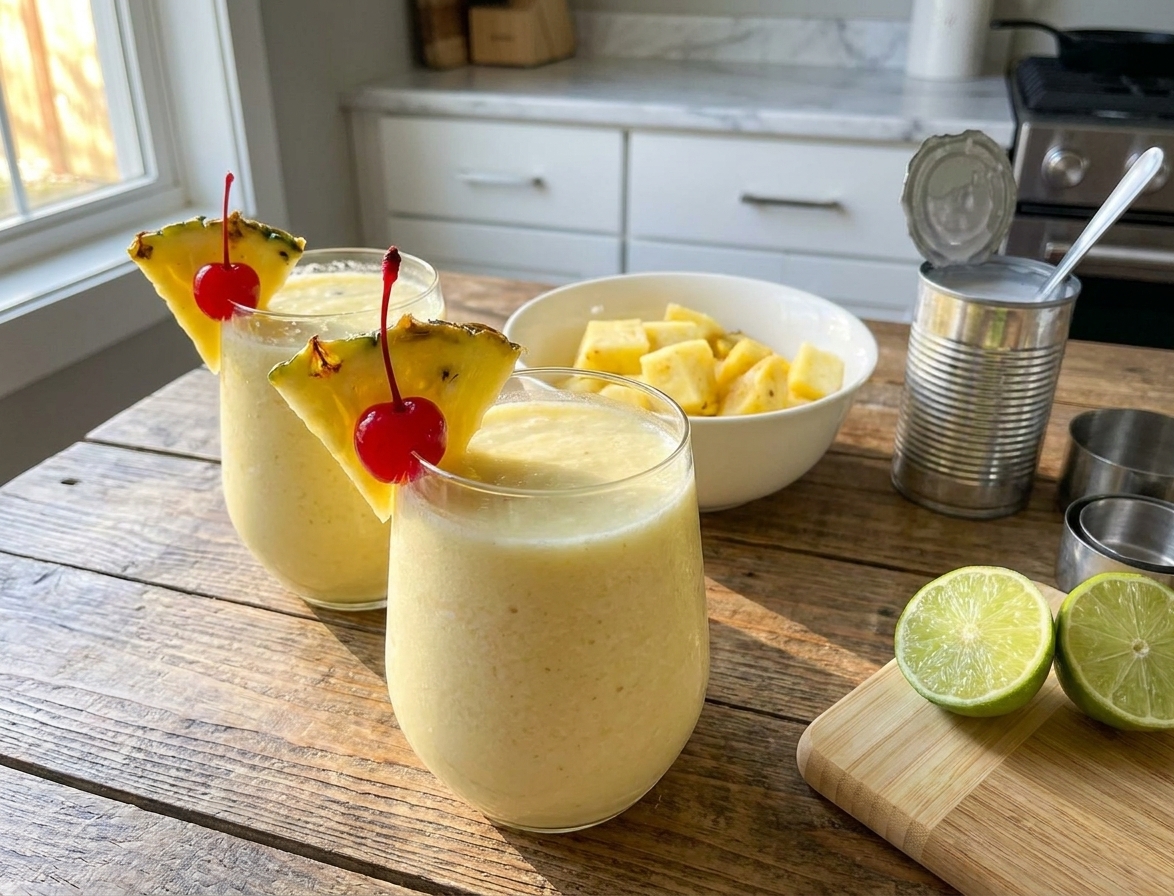 Two glasses of virgin piña colada on a wooden table with pineapple wedges and cherries, sunlight coming through a nearby window