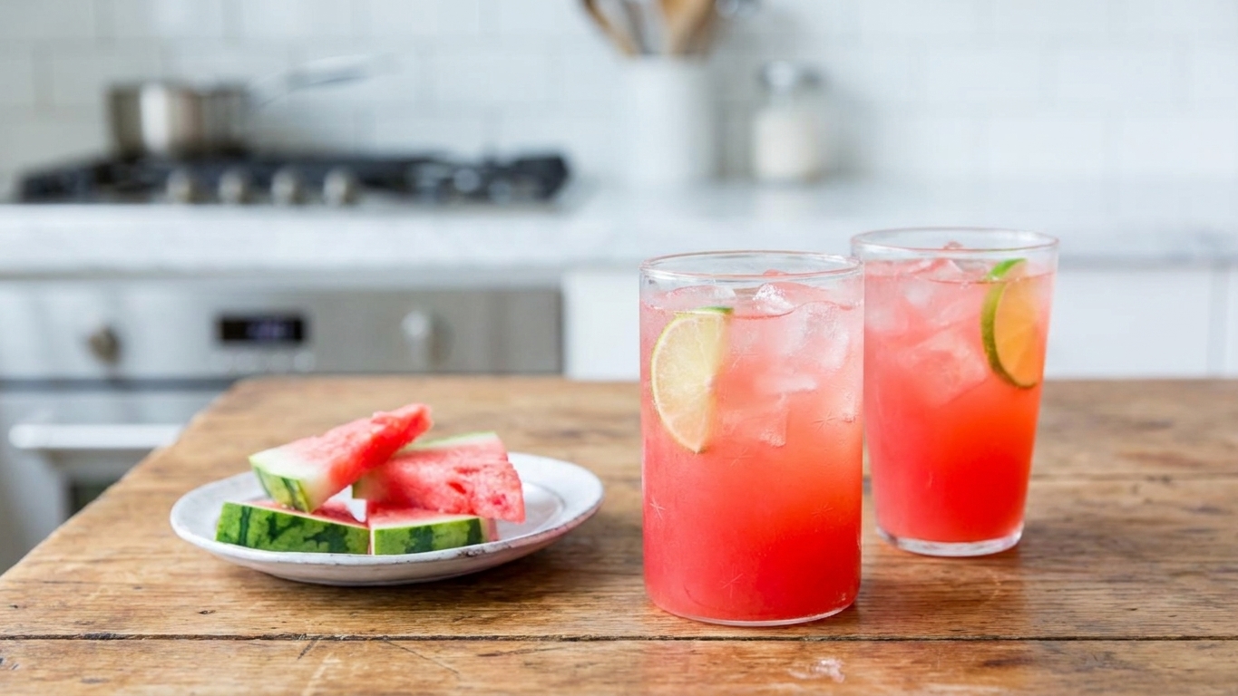 Two glasses of watermelon agua fresca with ice and lime wedges on a wooden table next to a small plate of cut fruit