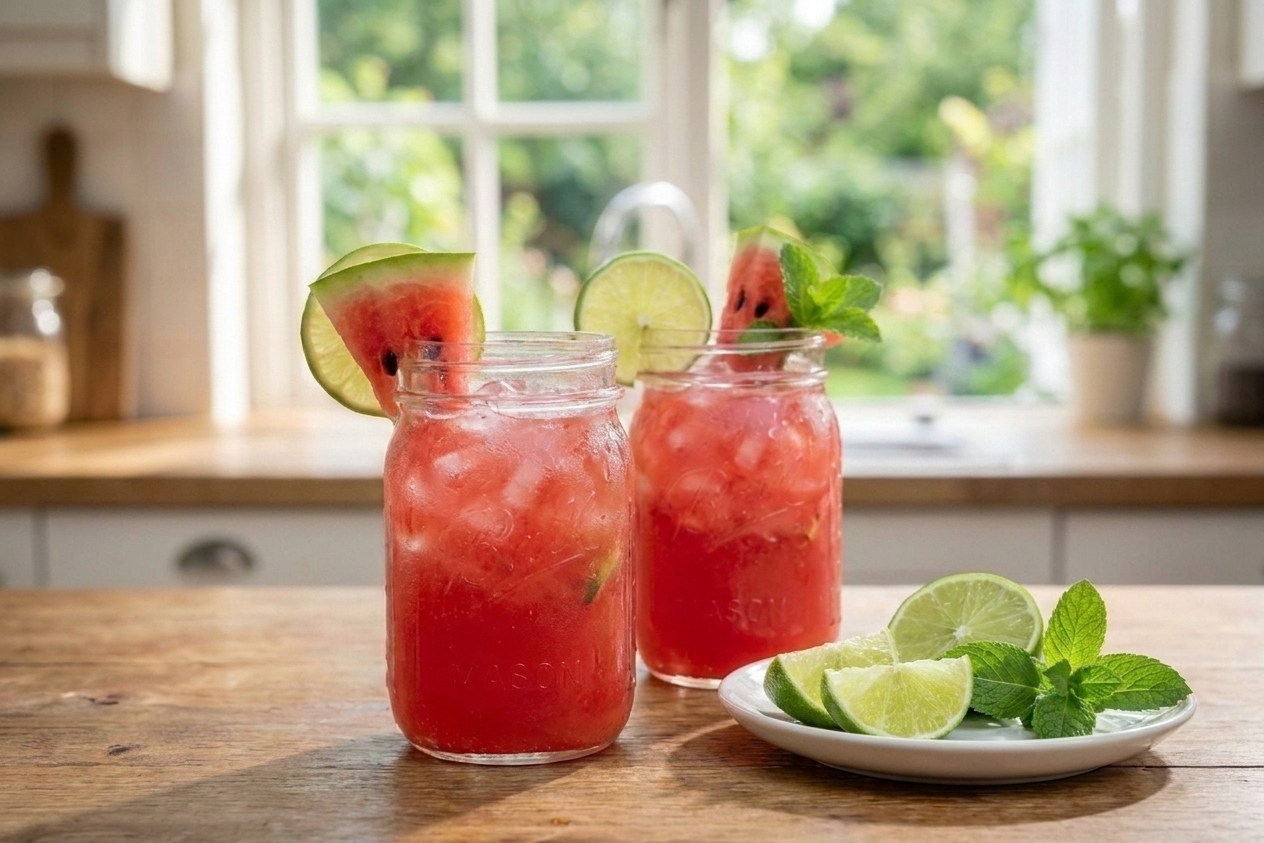 Two glasses of watermelon lime mocktail on a simple table setting with a small plate of lime wedges and mint sprigs
