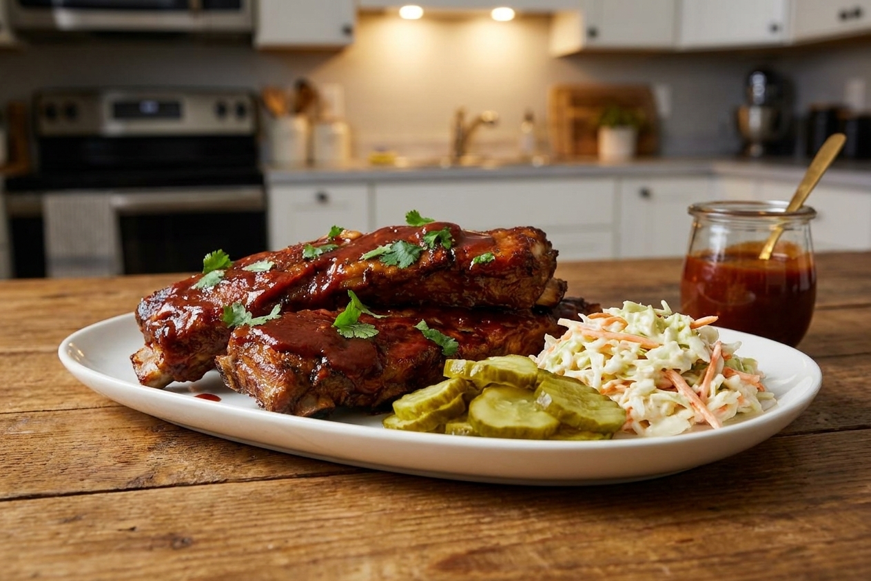 Two glazed country style ribs on a dinner plate with coleslaw and pickles on a wooden table under warm kitchen lighting