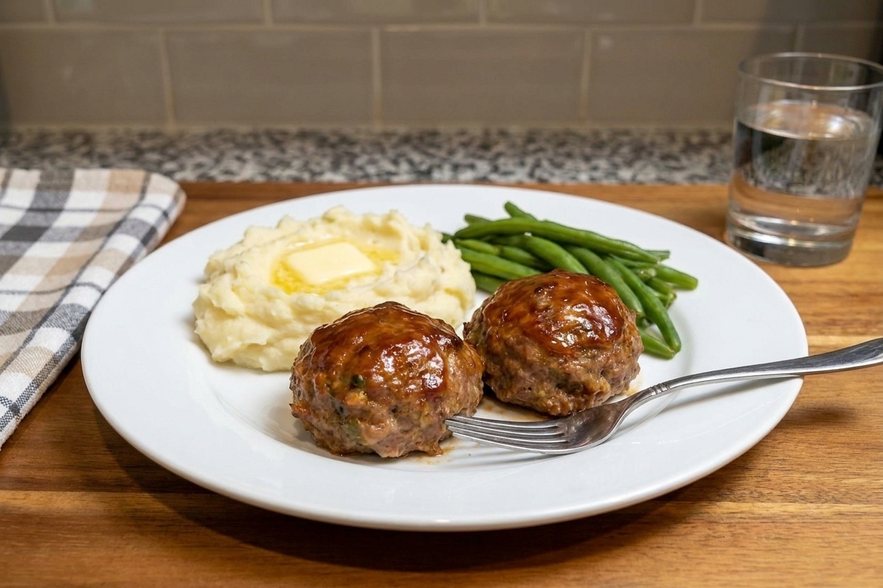 Two glazed mini meatloaves plated with mashed potatoes and green beans on a simple dinner table setting