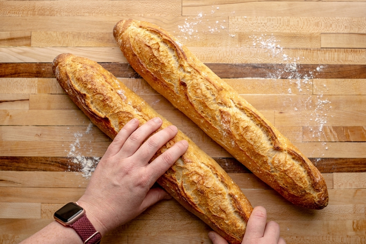 Two golden French baguettes with crackly, blistered crust resting on a wooden cutting board on a bright kitchen counter