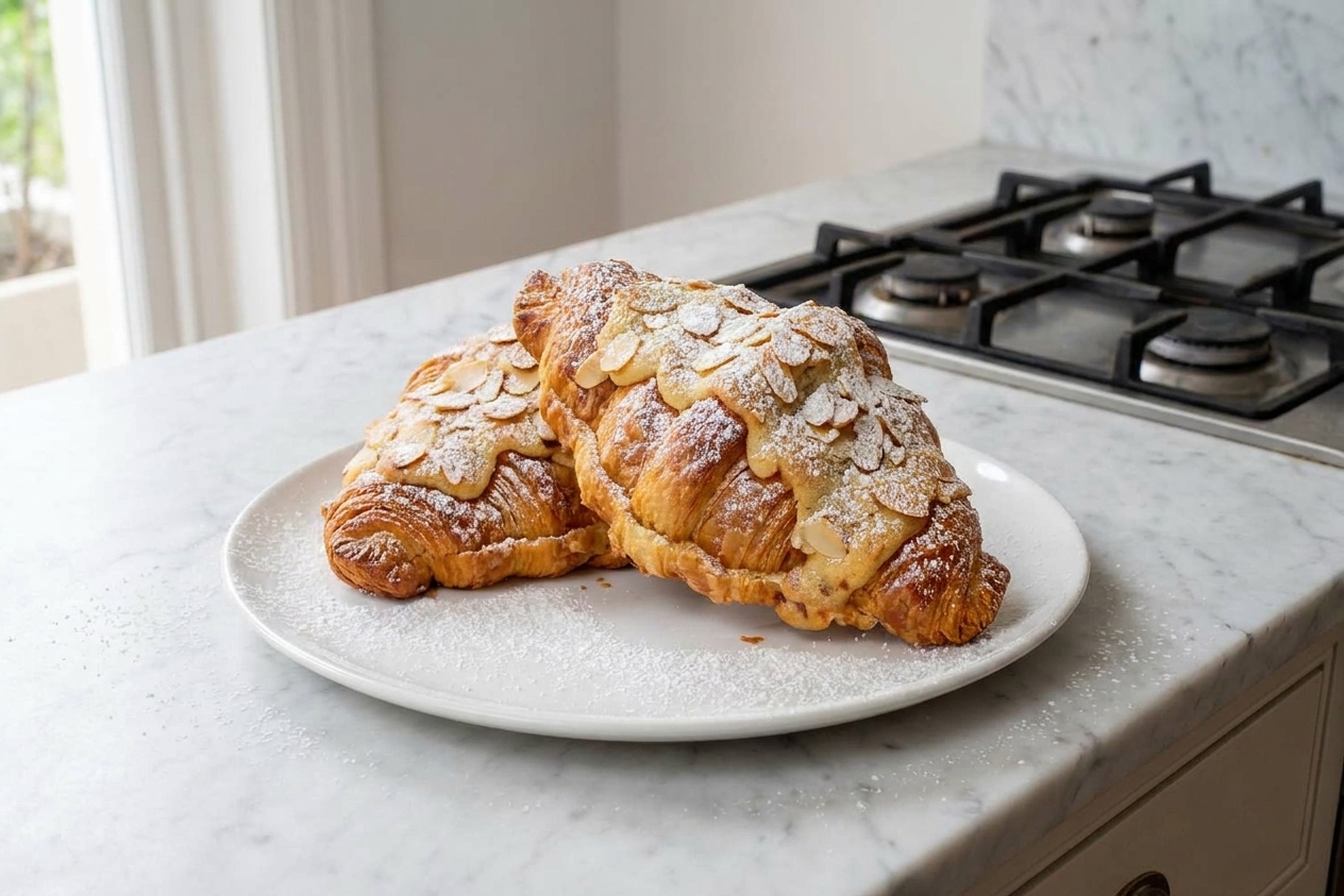Two golden almond croissants on a white plate dusted with powdered sugar, with toasted sliced almonds scattered on top on a kitchen table