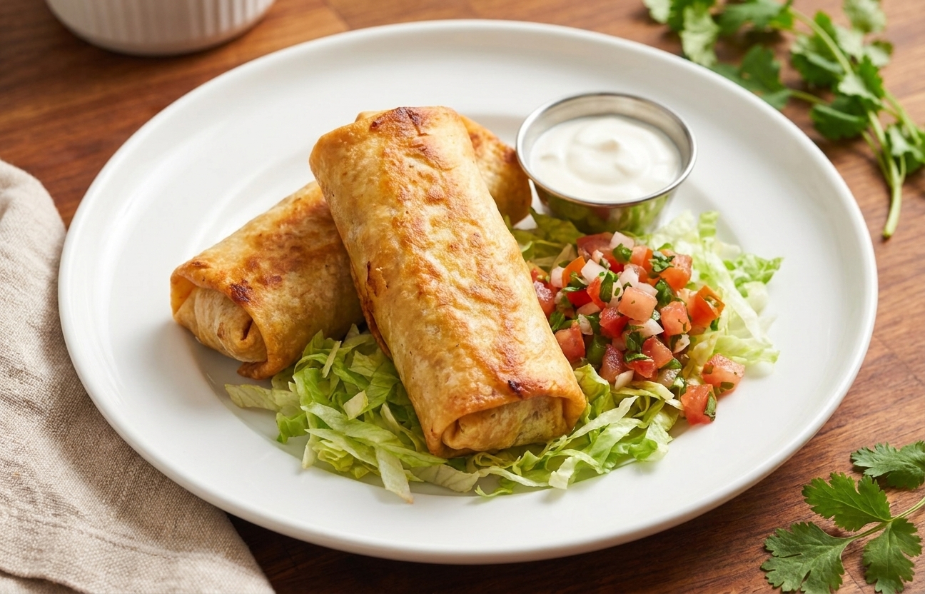 Two golden brown chicken chimichangas on a white plate with shredded lettuce, pico de gallo, and a small bowl of sour cream on a wooden table
