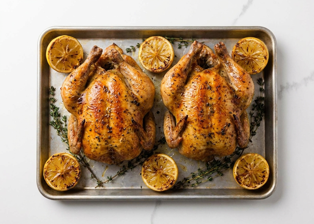 Two golden brown herb-roasted Cornish hens on a rimmed baking sheet with lemon halves and thyme sprigs in warm kitchen lighting
