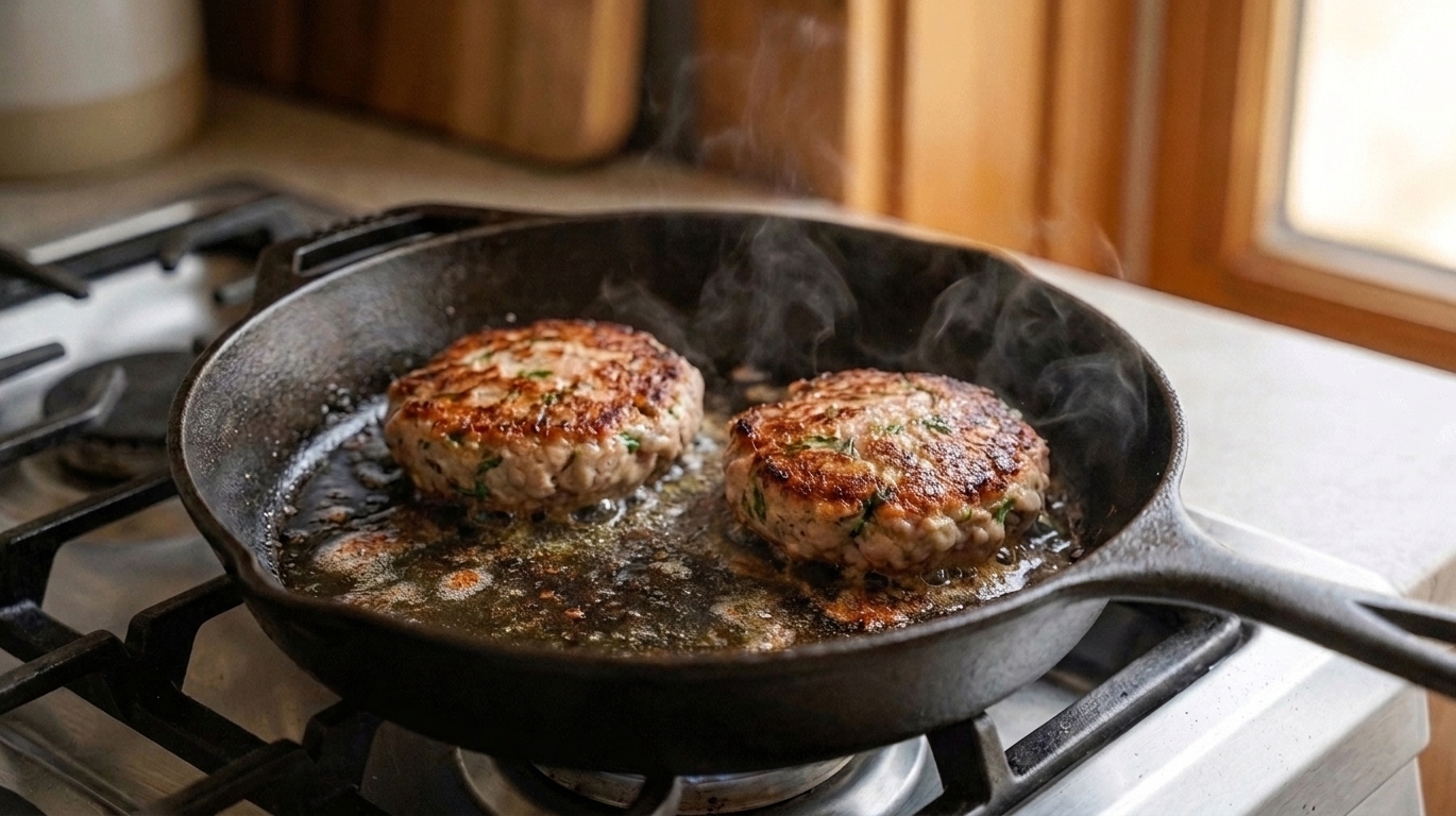 Two golden-brown turkey burger patties sizzling in a cast-iron skillet with crisp edges and a light sheen of oil