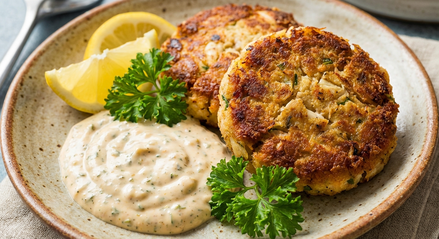 Two golden crab cakes on a plate with a dollop of creamy remoulade sauce on the side, garnished with lemon wedges and parsley, close-up food photography with crisp detail